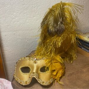 Gold Ostrich Feather Sequin Harlequin Mask Masquerade Shop Italy